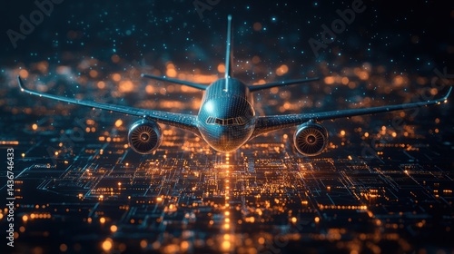 Airplane flying over a city at night with bright lights and a dark sky.