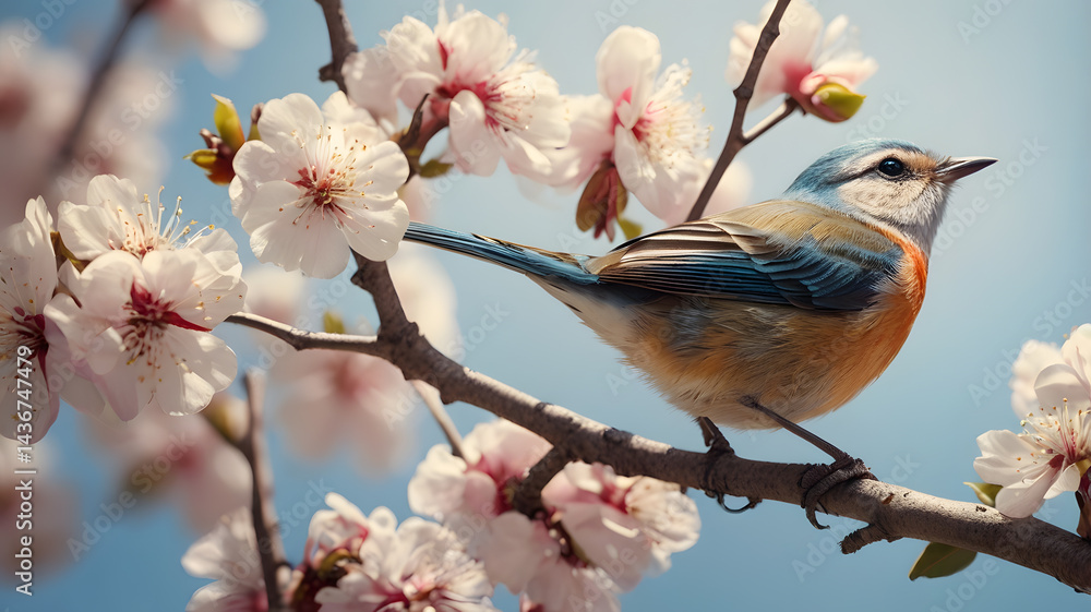 Bright colorful small bird perched on blooming tree branch, spring blossom, birdwatching, new life, bird life, nature awakening, resurrection of nature Bright colorful small bird perched on blooming tree branch, spring blossom, birdwatching, new life, bird life, nature awakening, resurrection of nature