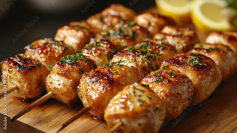 Grilled chicken skewers on a wooden board with lemon wedges in background. Grilled chicken skewers on a wooden board with lemon wedges in background.
