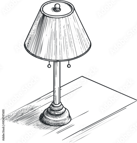 Black and white sketch of a classic table lamp with a shade casting a shadow on a wooden surface