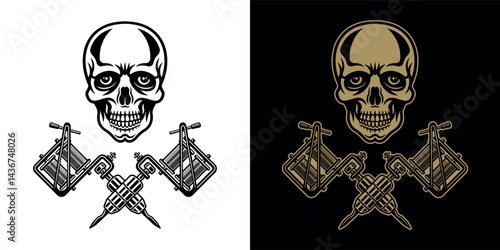Skull with two crossed tattoo machines set of two styles vector illustration. Perfect for tattoo studio emblems, apparel designs, stickers, and edgy graphic artwork with a rebellious touch