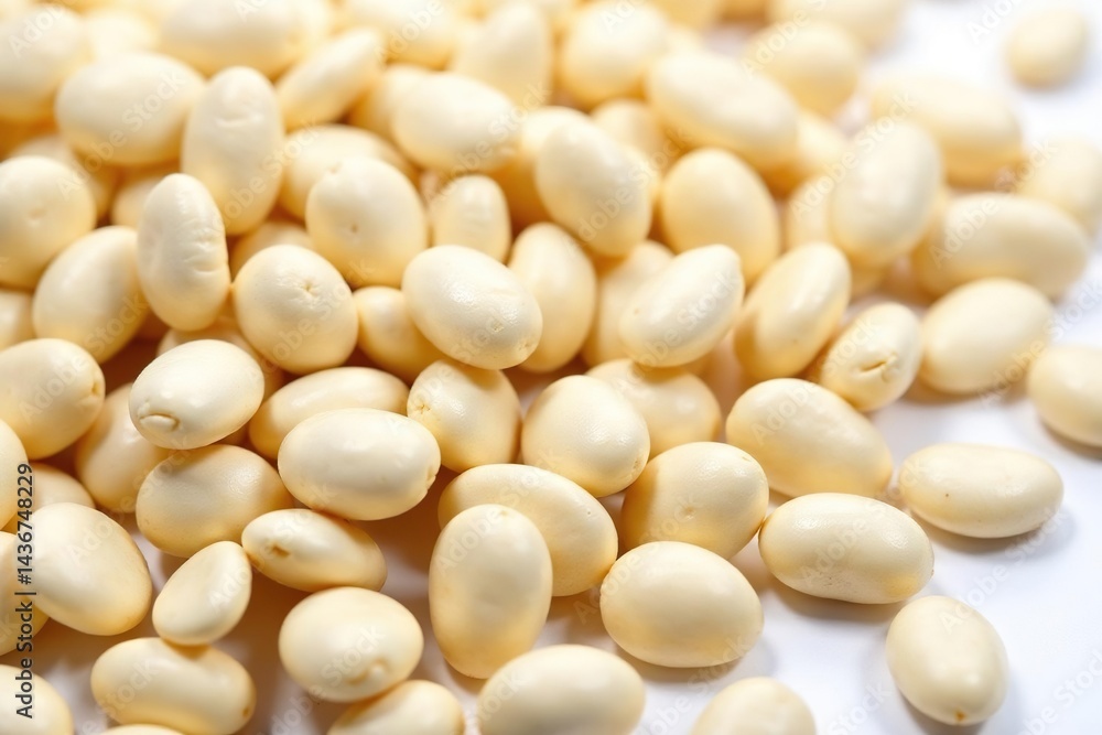 Close-up of dry white beans against a stark white backdrop, ingredient, lima beans, culinary Close-up of dry white beans against a stark white backdrop, ingredient, lima beans, culinary