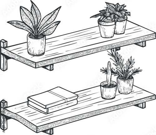Hand drawn illustration of two wooden shelves with potted plants and a closed book for home interior decoration