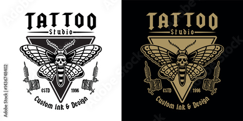 Tattoo studio emblem with moth and tattoo machine. In two styles vector illustration in gothic and old school style. Perfect for tattoo designs, prints, and artistic compositions