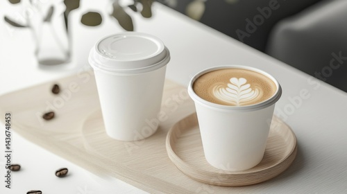 Two White Coffee Cups with Latte Art on Wooden Tray
