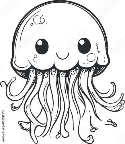Black and white cartoon illustration of a cute smiling jellyfish with multiple tentacles