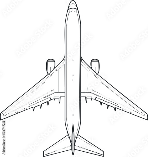 Top view line drawing of a commercial airplane showing wings, engines, fuselage, and tail for aviation and travel concepts