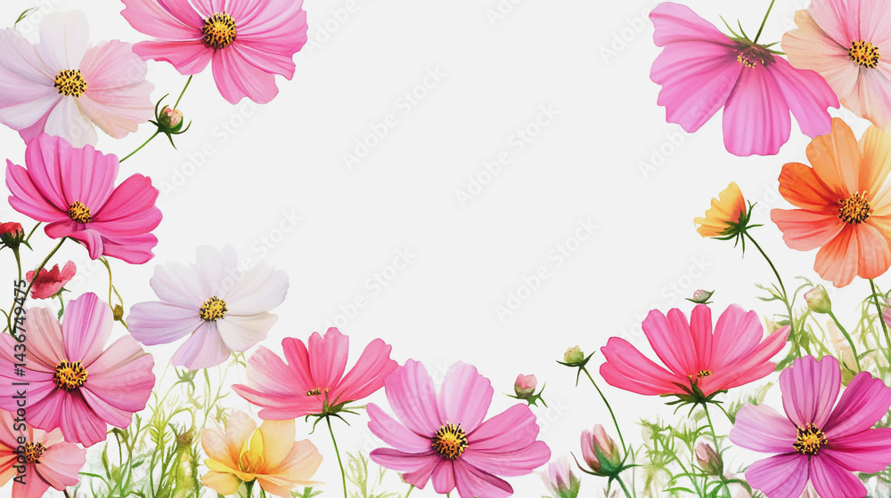 Fototapeta premium watercolor botanical Cosmos flowers texture template background.Elegant wedding invitation card background . Minimal hand painted Design for wedding or Valentine's Day