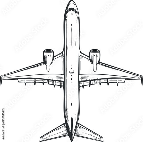 Top view sketch of a commercial airplane showing detailed wing and engine design in black and white