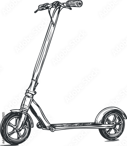 Black and white sketch illustration of a two-wheeled kick scooter with handlebar and footboard for urban transport and recreation