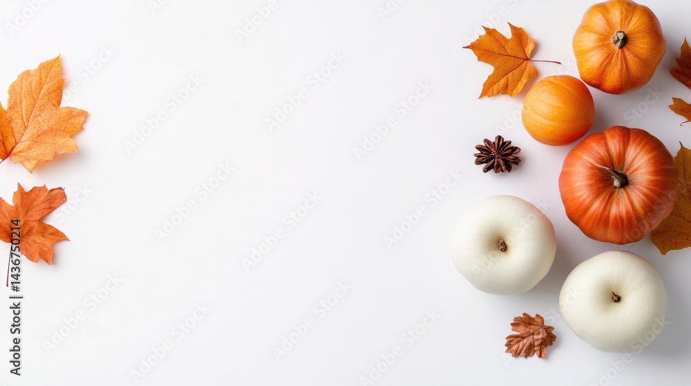 Obraz premium Autumnal display of pumpkins, apples, and leaves on a white background