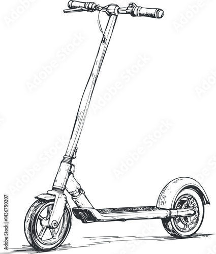 Black and white sketch of an electric scooter showing detailed handlebars and wheels for urban commuting and personal transportation.