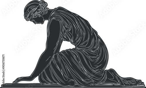 Silhouette of a classical woman statue kneeling in an elegant pose with flowing dress and serene expression