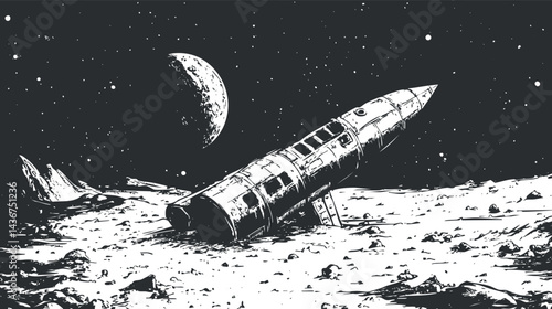 Black and white illustration of a crashed rocket on the moon surface with stars and a distant planet in space.