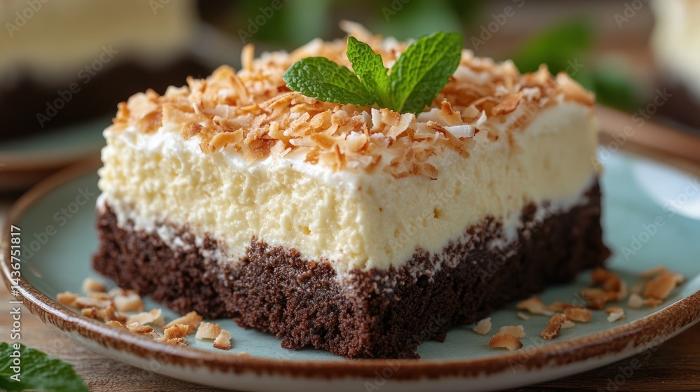 Square cake with chocolate base white frosting and toasted coconut flakes on plate. Square cake with chocolate base white frosting and toasted coconut flakes on plate.