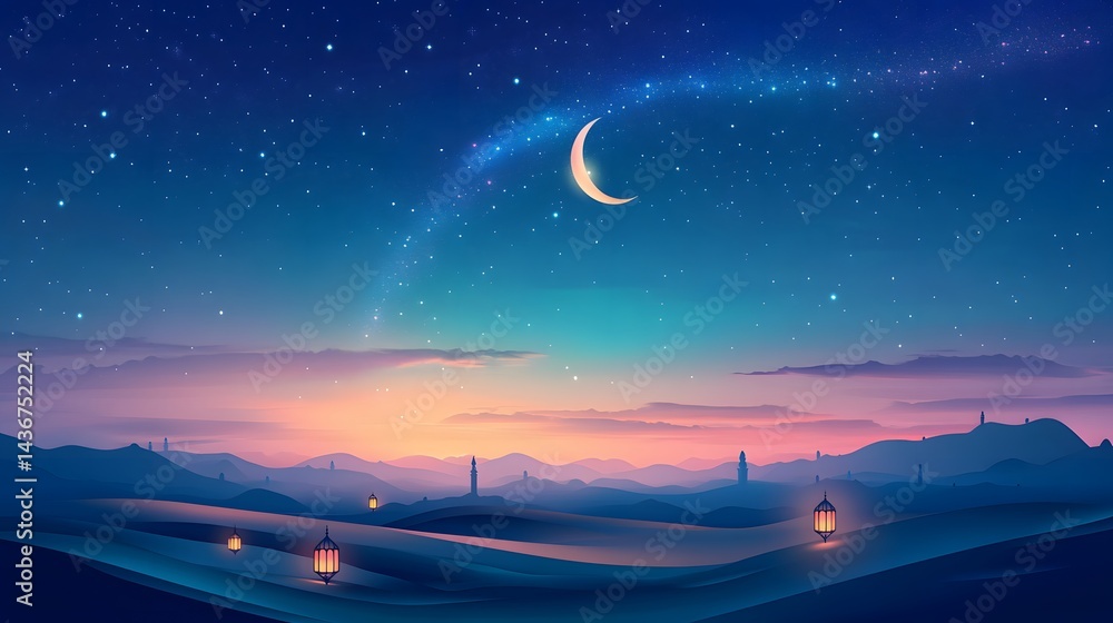 Fototapeta premium A tranquil desert landscape under a starry night sky.