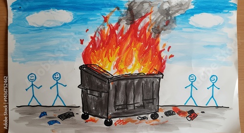 Childs drawing of dumpster fire