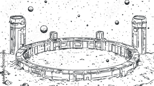 Futuristic space station with a circular ring structure floating in outer space surrounded by celestial bodies