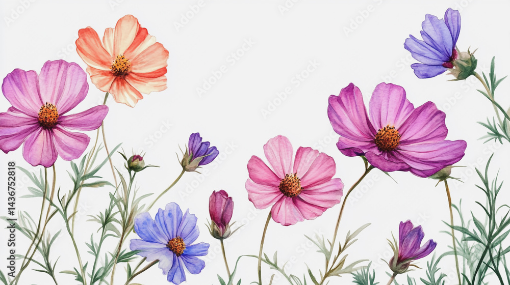 watercolor botanical Cosmos flowers texture template background.Elegant wedding invitation card background . Minimal hand painted Design for wedding or Valentine's Day watercolor botanical Cosmos flowers texture template background.Elegant wedding invitation card background . Minimal hand painted Design for wedding or Valentine's Day