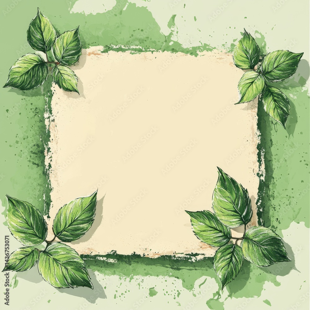 Naklejka premium A symmetrical arrangement of four tropical leaves is depicted in a vintage style illustration on aged paper, ideal for various design applications