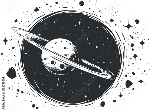 Black and white illustration of a ringed moon surrounded by stars and asteroids in space