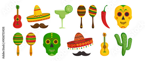 Cinco de Mayo party, mexican fiesta decoration icon. Guitar and sombrero, cactus and maraca, tequila and pepper, skull. Mexico, latino, spanish holiday sticker set. Cartoon vector illustration