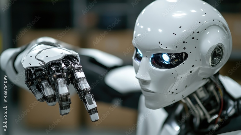 Fototapeta premium Advanced robot arm, pointing. Detailed close-up of a sophisticated robotic arm, showcasing intricate mechanical design and advanced technology. The robot's hand is poised in a precise,