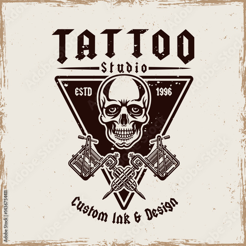Vintage style tattoo studio vector emblem with skull and tattoo machine. Perfect for emblems, apparel, stickers, and branding. Bold, edgy design for professional tattoo artists and enthusiasts