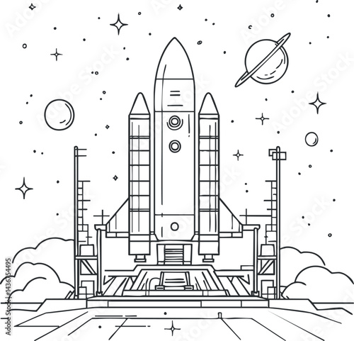 Black and white line art illustration of a space shuttle rocket on launchpad ready for liftoff with stars and planets in the background