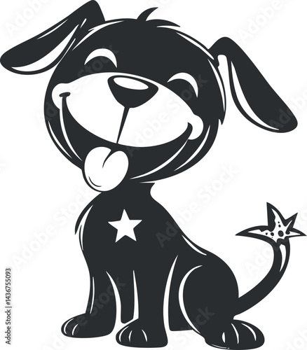 Cute cartoon dog sitting happily with tongue out and a star on chest in black and white.