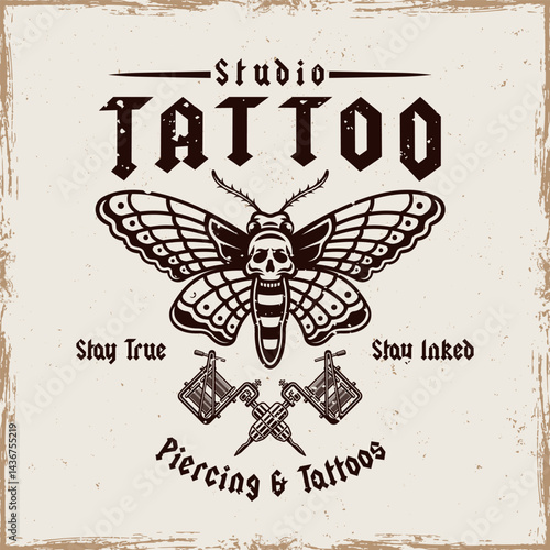 Tattoo studio emblem with moth and tattoo machine. Classic vintage style vector illustration in gothic and old school style. Perfect for tattoo designs, prints, and artistic compositions