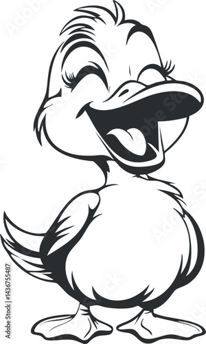 Happy cartoon duckling smiling widely with an open beak and playful expression