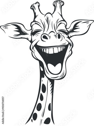 Illustration of a happy laughing giraffe with expressive face and long neck in black and white