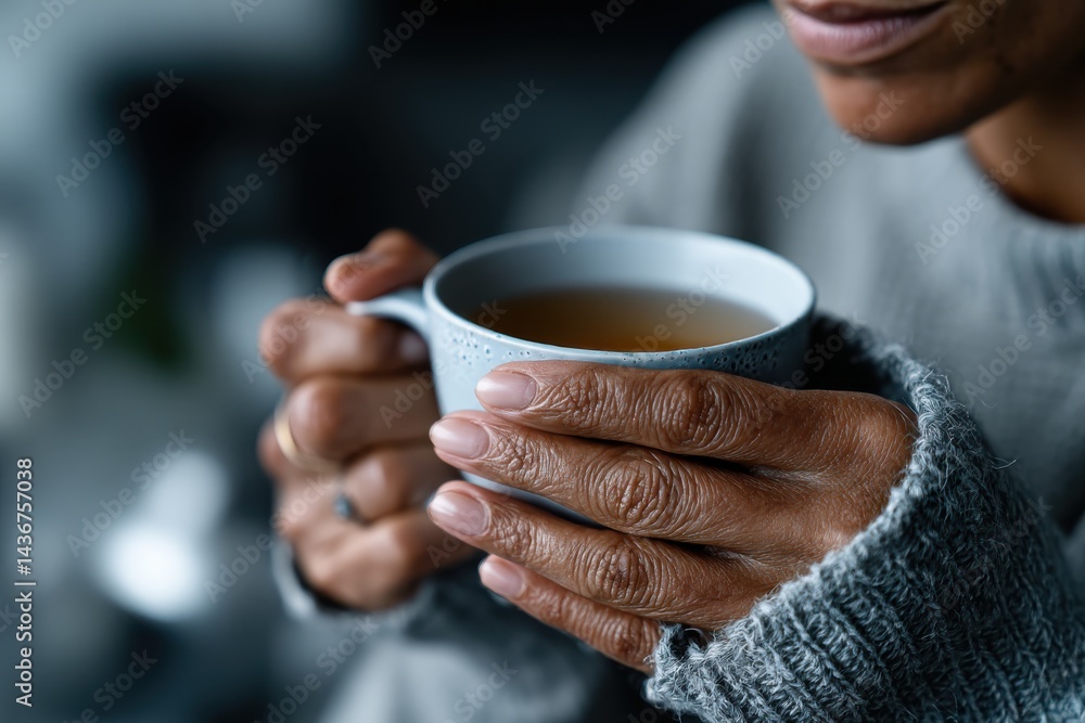 Highlighting delicate fingers cradling a gentle tea mug, this image invites viewers to savor moments of peace and warmth, promoting relaxation and mindfulness. Highlighting delicate fingers cradling a gentle tea mug, this image invites viewers to savor moments of peace and warmth, promoting relaxation and mindfulness.