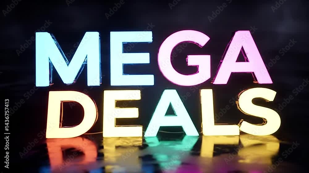 Top-down move over glossy black surface, glowing neon “MEGA DEALS” text pulses into view, misty ambient lighting