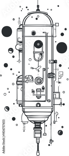 Detailed technical line drawing of a rocket spacecraft with mechanical parts and propulsion system