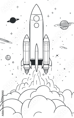 Black and white line drawing of a rocket launching into space with planets and stars in the background