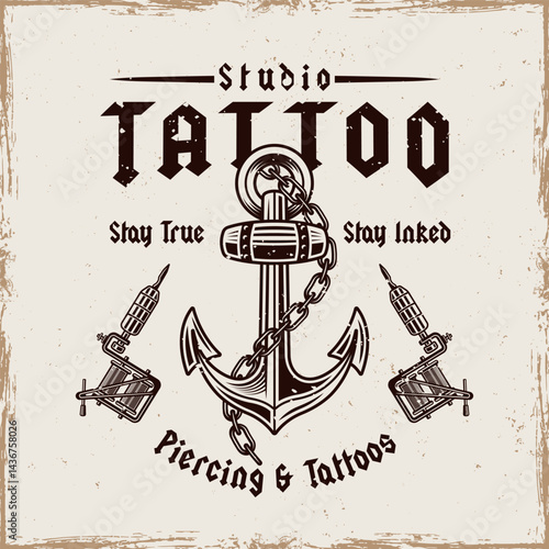 Tattoo studio emblem with anchor and tattoo machines in vintage style. Perfect for tattoo shop branding, apparel, stickers, and retro style designs. Nautical theme with bold detailing
