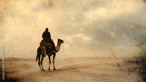 Man is riding a camel in a desert. The sky is cloudy and the man is wearing a black jacket
