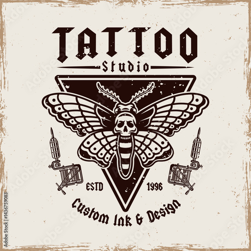 Tattoo studio emblem with moth and tattoo machine. Classic vintage style vector illustration in gothic and old school style. Perfect for tattoo designs, prints, and artistic compositions