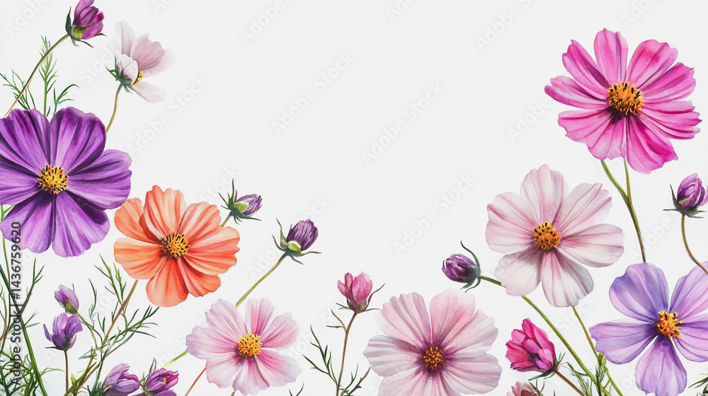 Fototapeta premium watercolor botanical Cosmos flowers texture template background.Elegant wedding invitation card background . Minimal hand painted Design for wedding or Valentine's Day