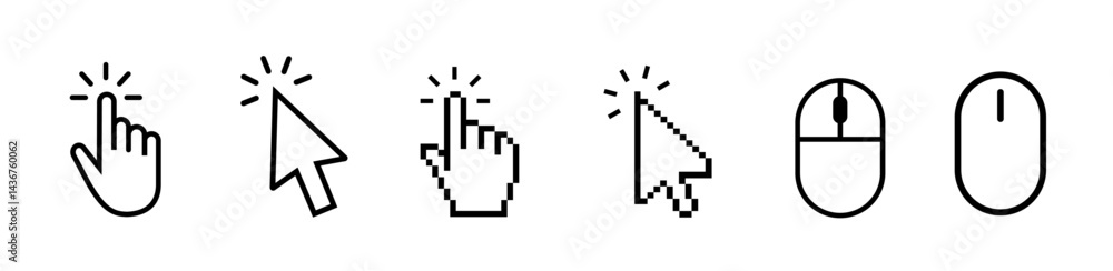 Computer mouse click cursor and hand pointer icon set with arrows and loading icons, isolated on Transparent background, perfect for UI, web design, apps, and digital interfaces. Vector illustration.
