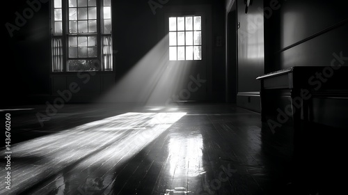 A black and white photo of a room with a light shining on the floor