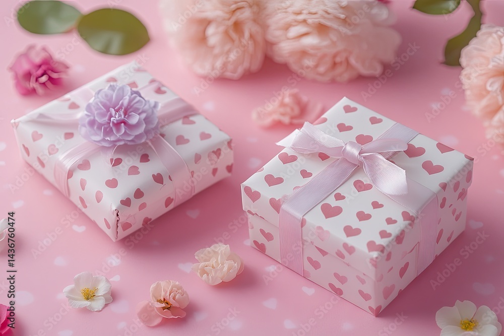 Two small gift boxes with pink hearts and ribbon, surrounded by pastel flowers and leaves on a pink background Two small gift boxes with pink hearts and ribbon, surrounded by pastel flowers and leaves on a pink background