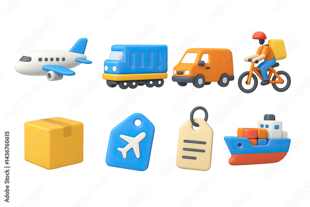 Logistics and delivery 3d icon set – vibrant transport, shipping, and courier symbols for supply chain management: airplane, truck, van, bicycle, package, tag, ship.