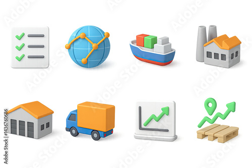 Obraz na płótnie Logistics and supply chain 3d icons set – vibrant style warehousing, tracking, and distribution symbols for efficient shipping: checklist, chart, cargo ship, factory, warehouse, truck, data, location w salonie