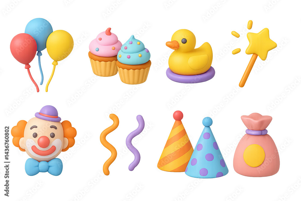 Kids party 3d icons set – playful birthday, celebration, and fun symbols for event design: balloons, cupcakes, rubber duck, magic wand, clown, party hats, gift bag.