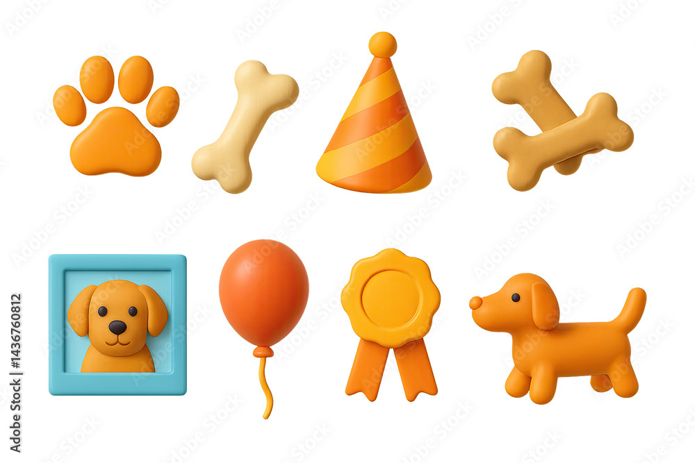 Pet party 3d icons set - fun animal celebration and festive pet elements for events: paw print, bone, party hat, dog frame, balloon, rosette, puppy