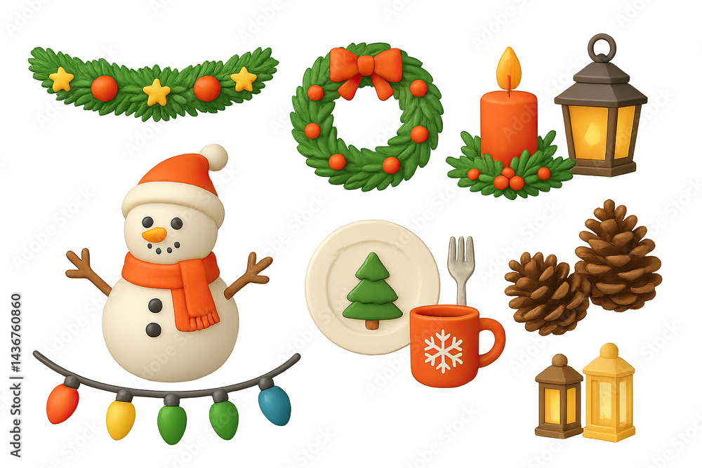 Christmas and winter holiday 3d icons set – festive, seasonal, and decorative symbols for celebration: snowman, garland, candle, lantern, wreath, pinecone, festive cup.