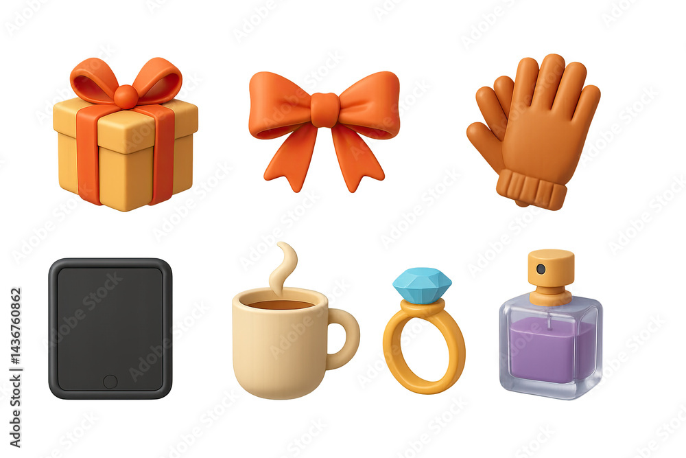 Festive celebrations 3d icon set – vibrant and joyful holiday, gift, and party symbols for special occasions: present, bow, glove, tablet, coffee, ring, perfume.